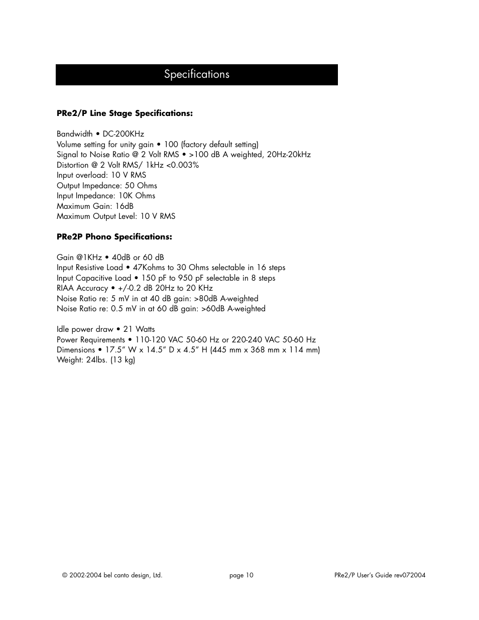 Specifications | Bel Canto Design PRe2 User Manual | Page 10 / 12