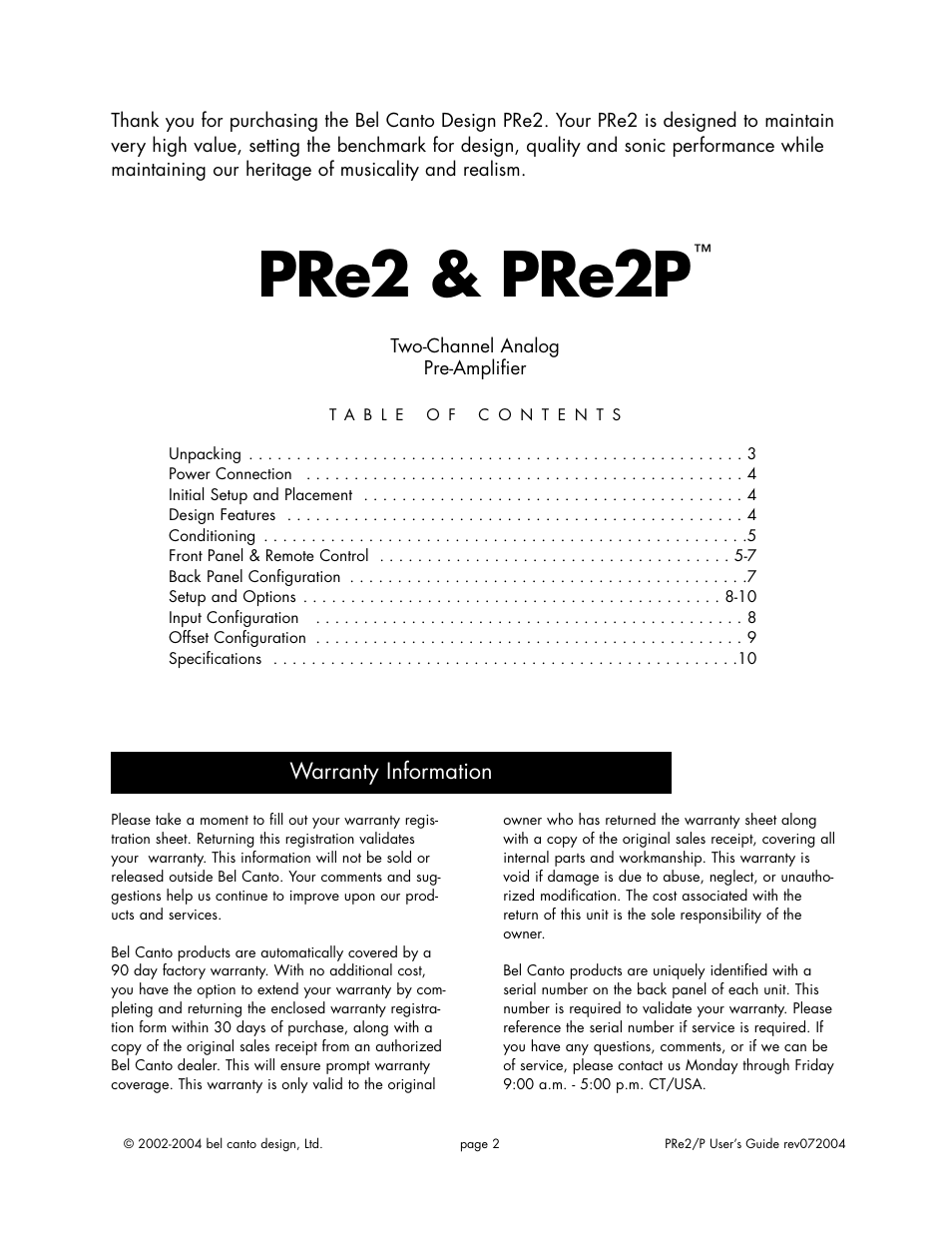 Pre2 & pre2p | Bel Canto Design PRe2 User Manual | Page 2 / 12