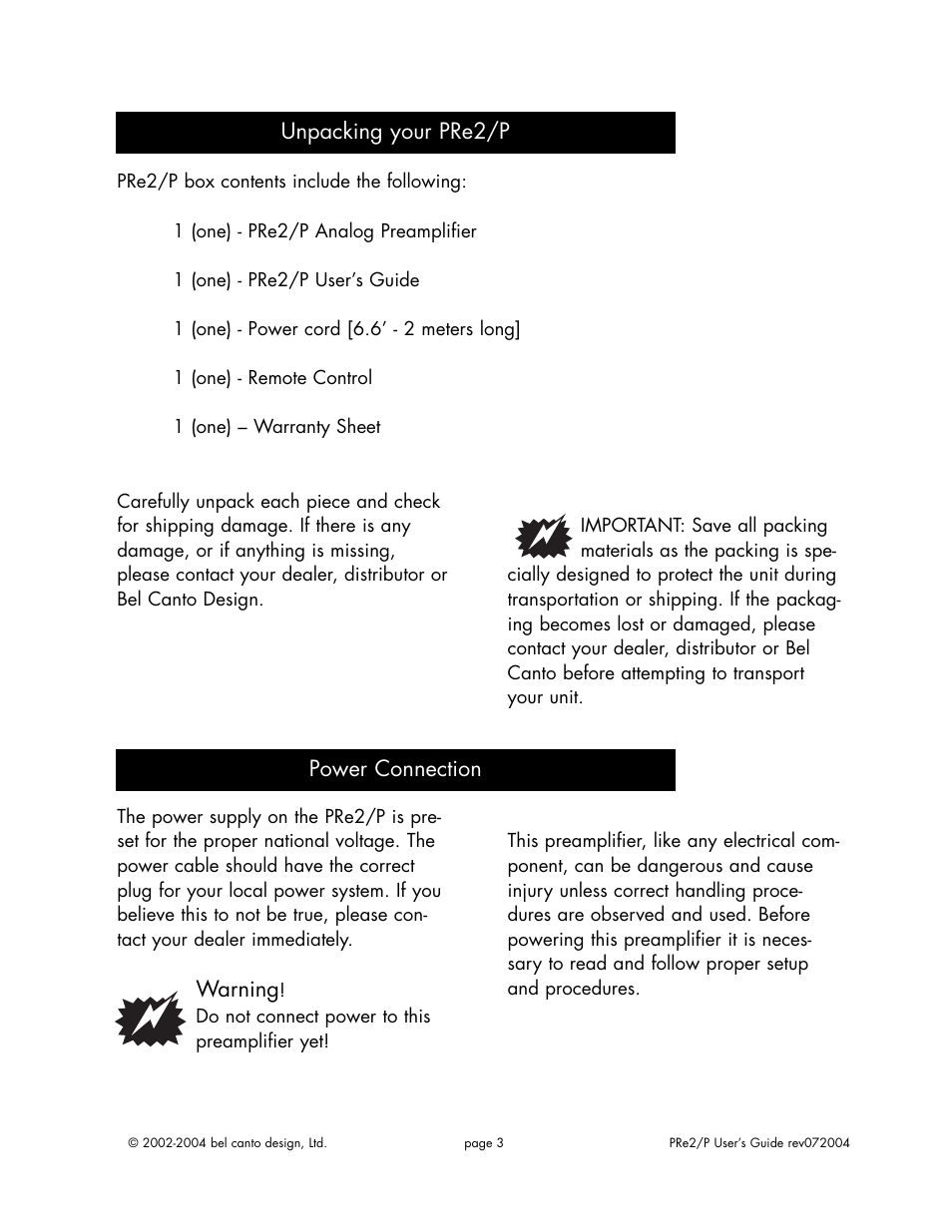 Warning, Unpacking your pre2/p power connection | Bel Canto Design PRe2 User Manual | Page 3 / 12