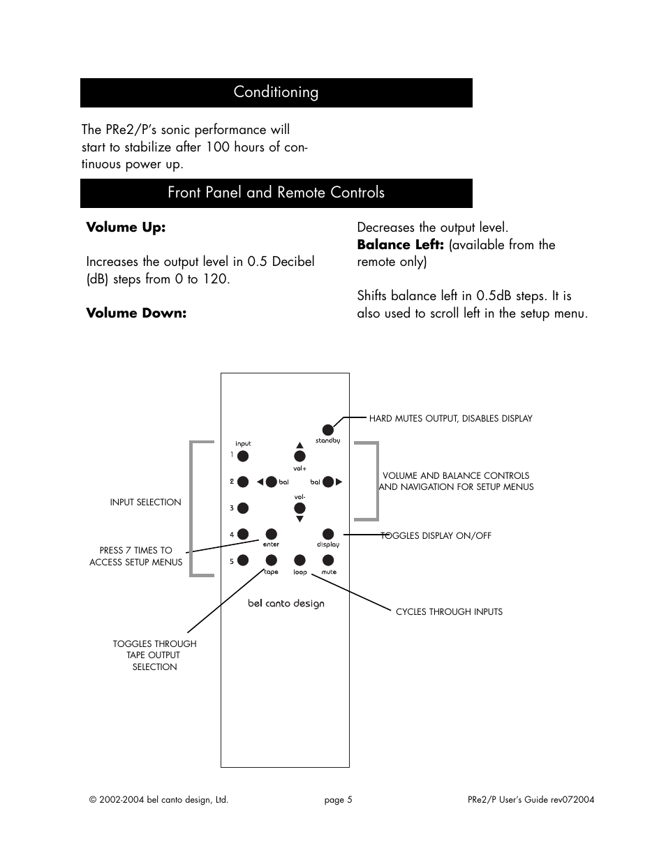 Conditioning front panel and remote controls | Bel Canto Design PRe2 User Manual | Page 5 / 12