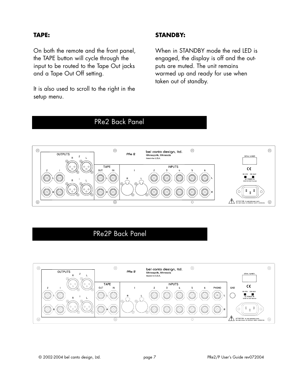 Pre2 back panel pre2p back panel | Bel Canto Design PRe2 User Manual | Page 7 / 12