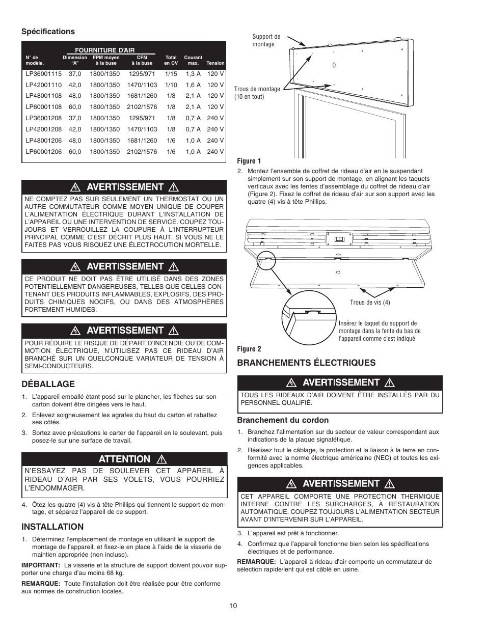 Déballage, Installation, Branchements électriques | Qmark Low-Profile User Manual | Page 10 / 12