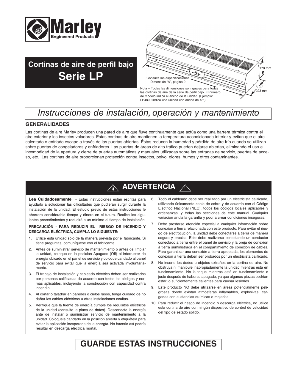 Serie lp, Guarde estas instrucciones, Cortinas de aire de perfil bajo | Advertencia, Generalidades | Qmark Low-Profile User Manual | Page 5 / 12