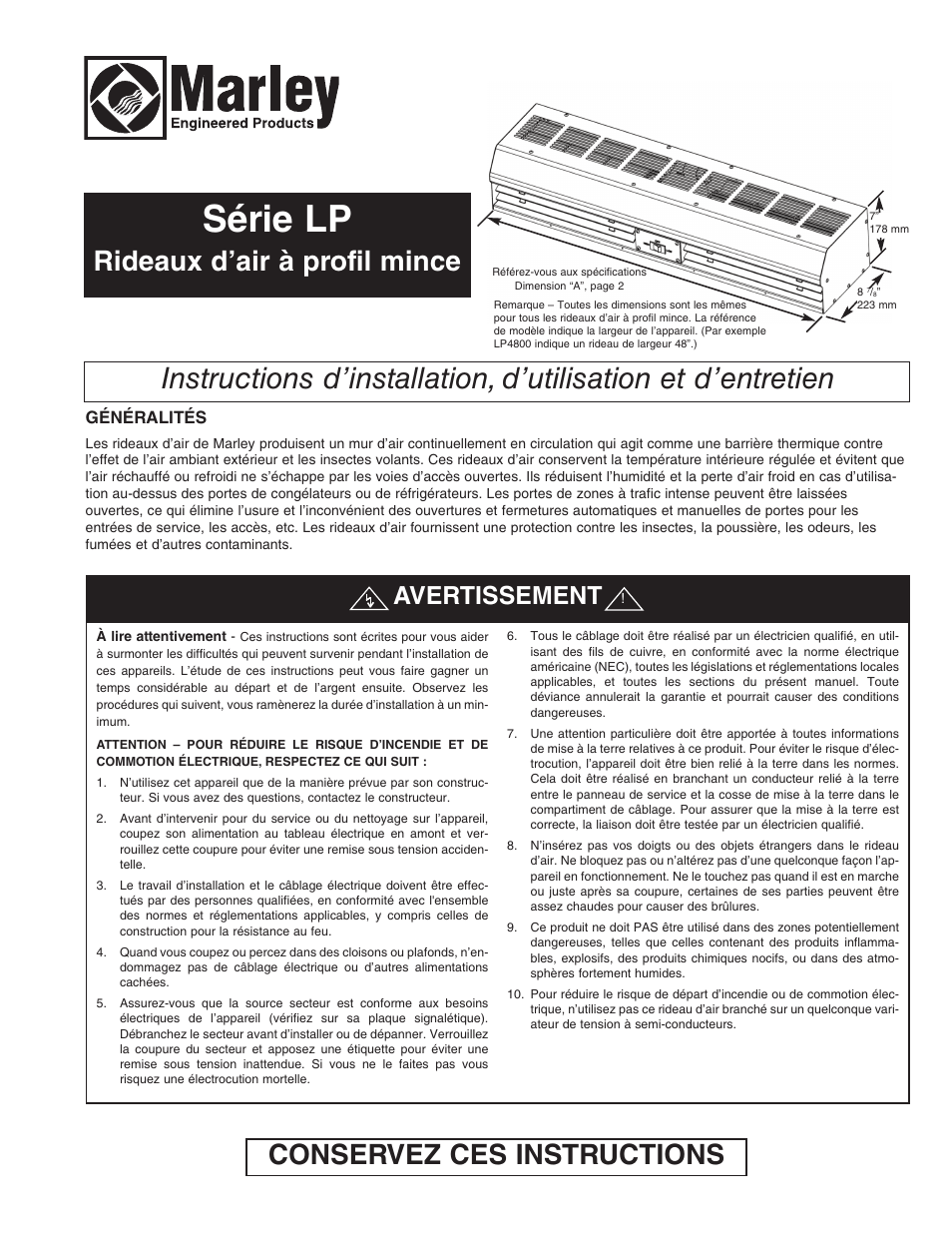 Série lp, Rideaux d’air à profil mince, Conservez ces instructions | Avertissement | Qmark Low-Profile User Manual | Page 9 / 12