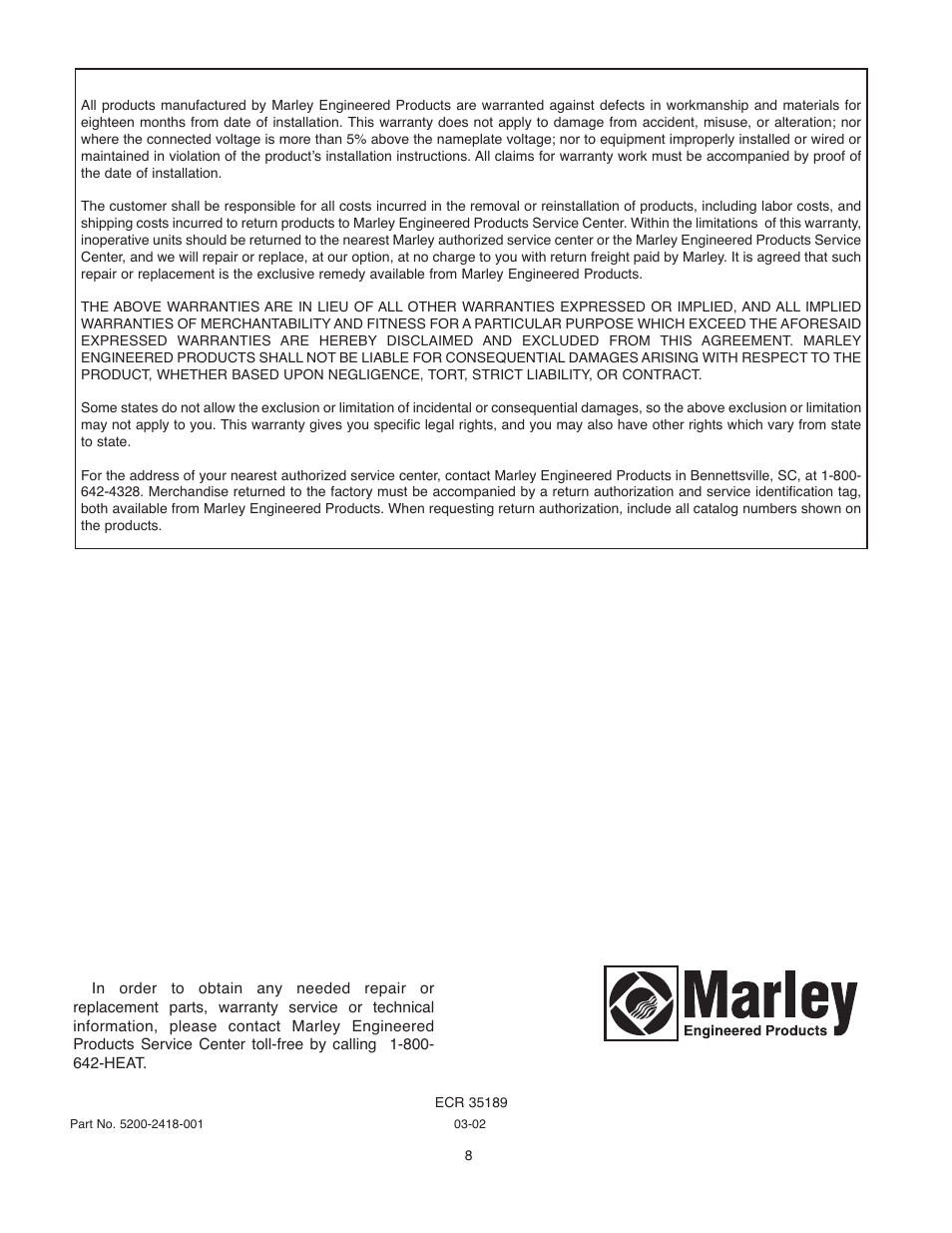 Limited warranty, How to order repair parts | Qmark Environmental Electric Heated User Manual | Page 8 / 8