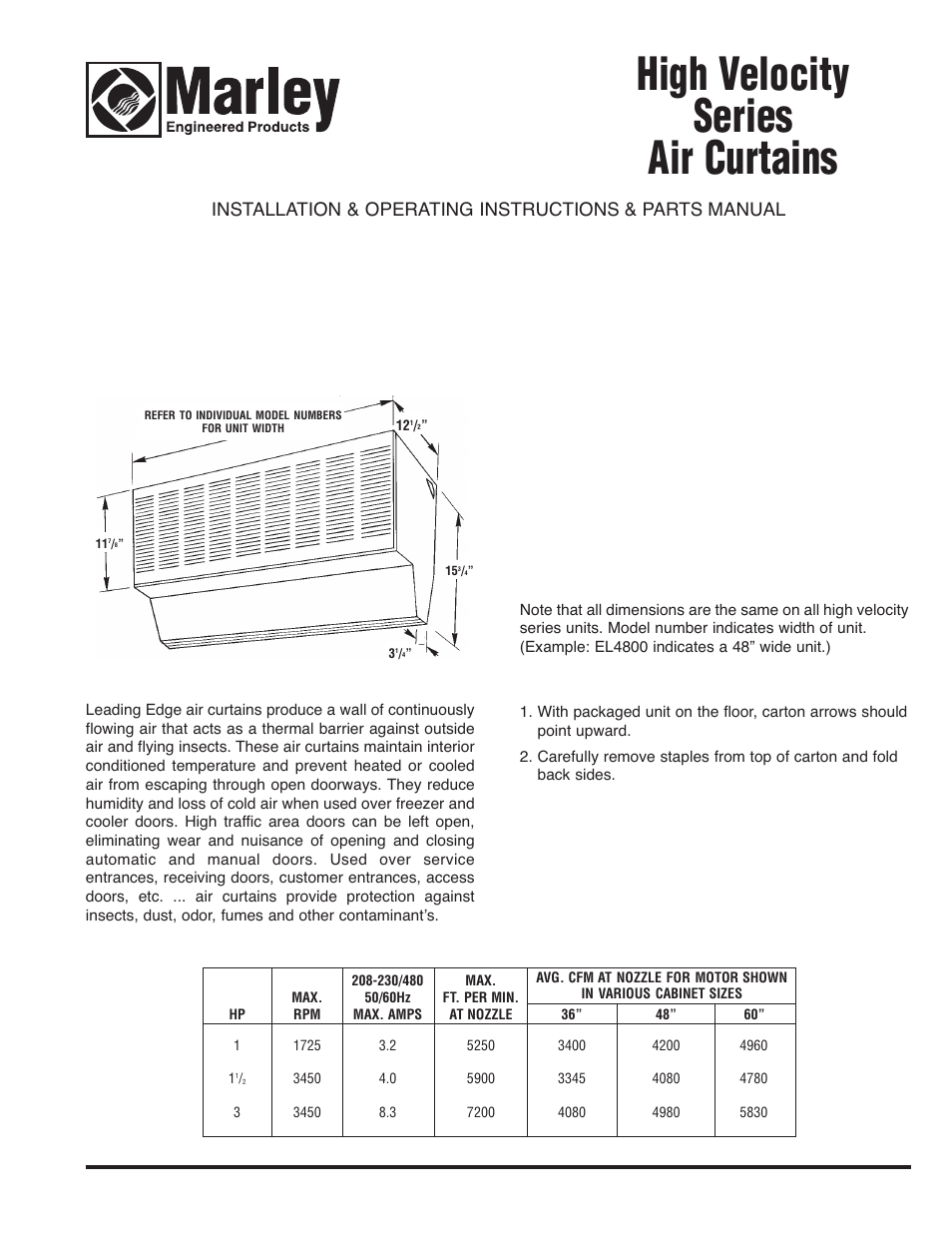 Qmark High Velocity Hot Water/Steam Heated Air Curtains User Manual | 8 pages