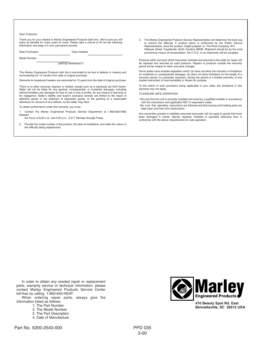 How to order repair parts, Limited warranty | Qmark 1047 General Home/Kitchen Fans User Manual | Page 4 / 4