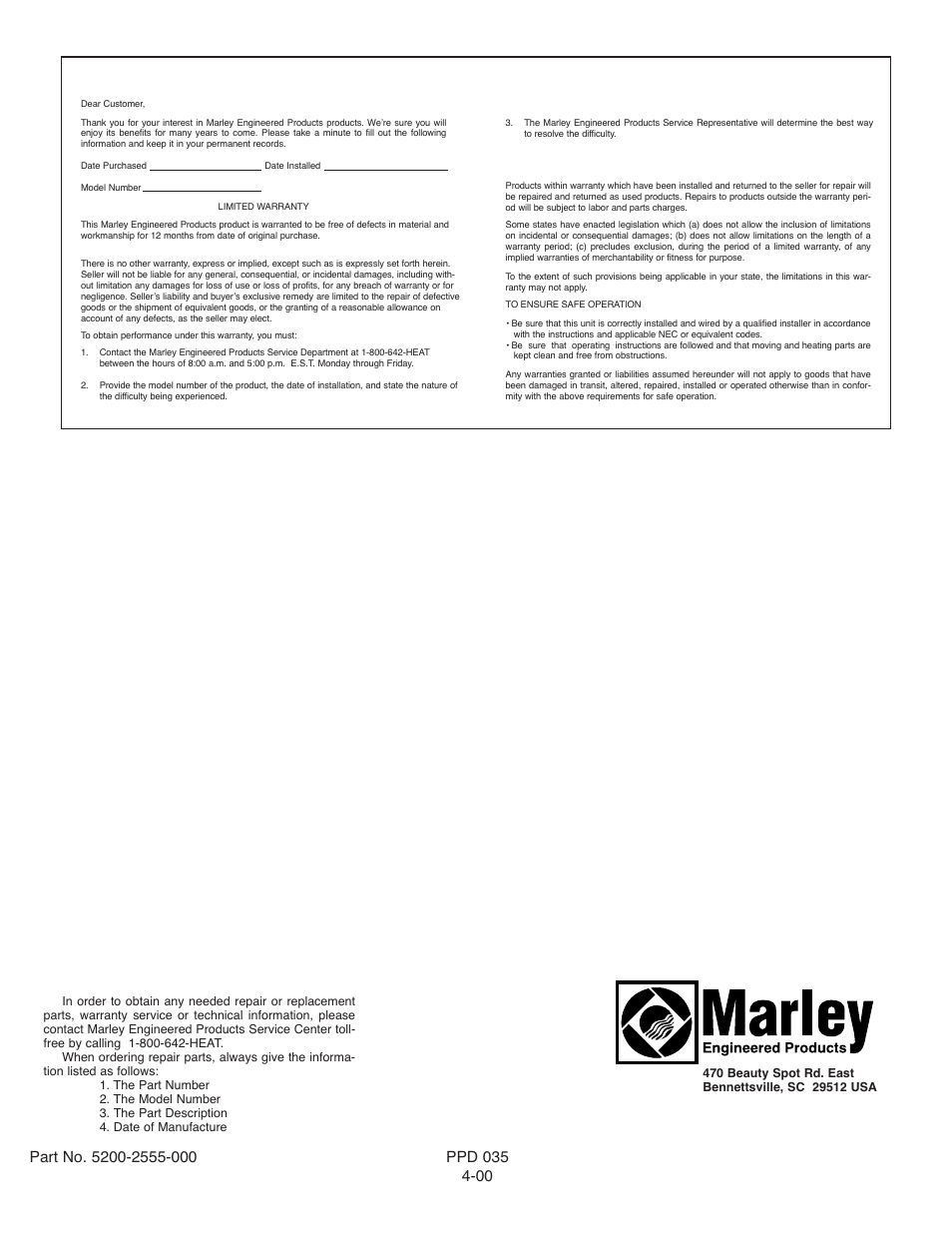 How to order repair parts, Limited warranty | Qmark 3638R - Belt Drive Fans User Manual | Page 16 / 16