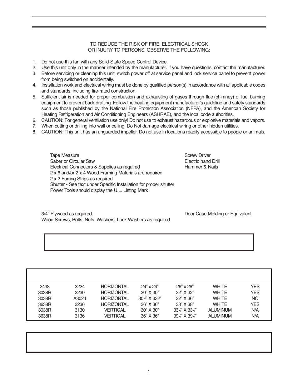 Important safety instructions, Tools and materials required, Caution: cutting roof truss is not recommended | Qmark 3638R - Belt Drive Fans User Manual | Page 2 / 16