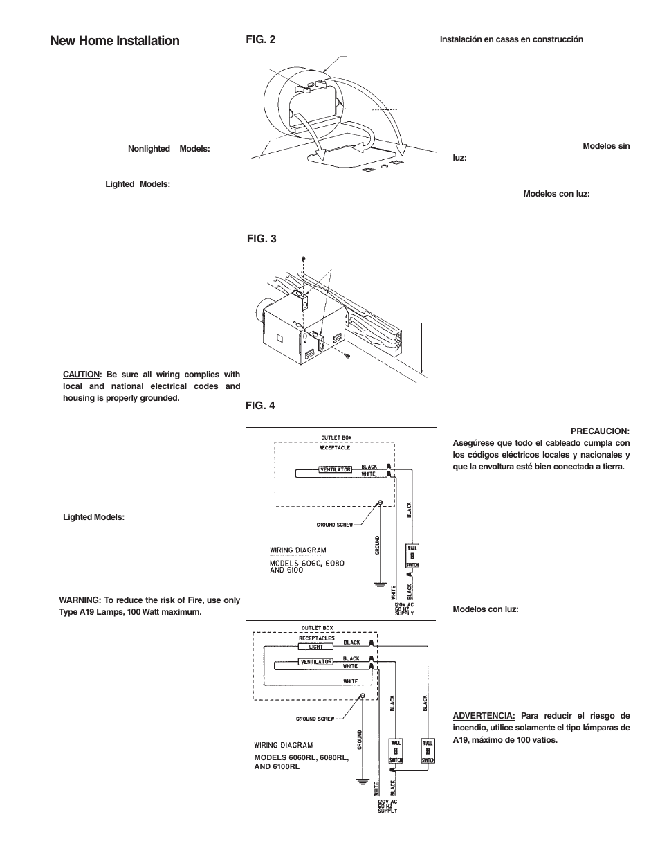 New home installation, Fig. 2 fig. 4, Fig. 3 | Qmark 600RL Series Bath Fans User Manual | Page 3 / 4