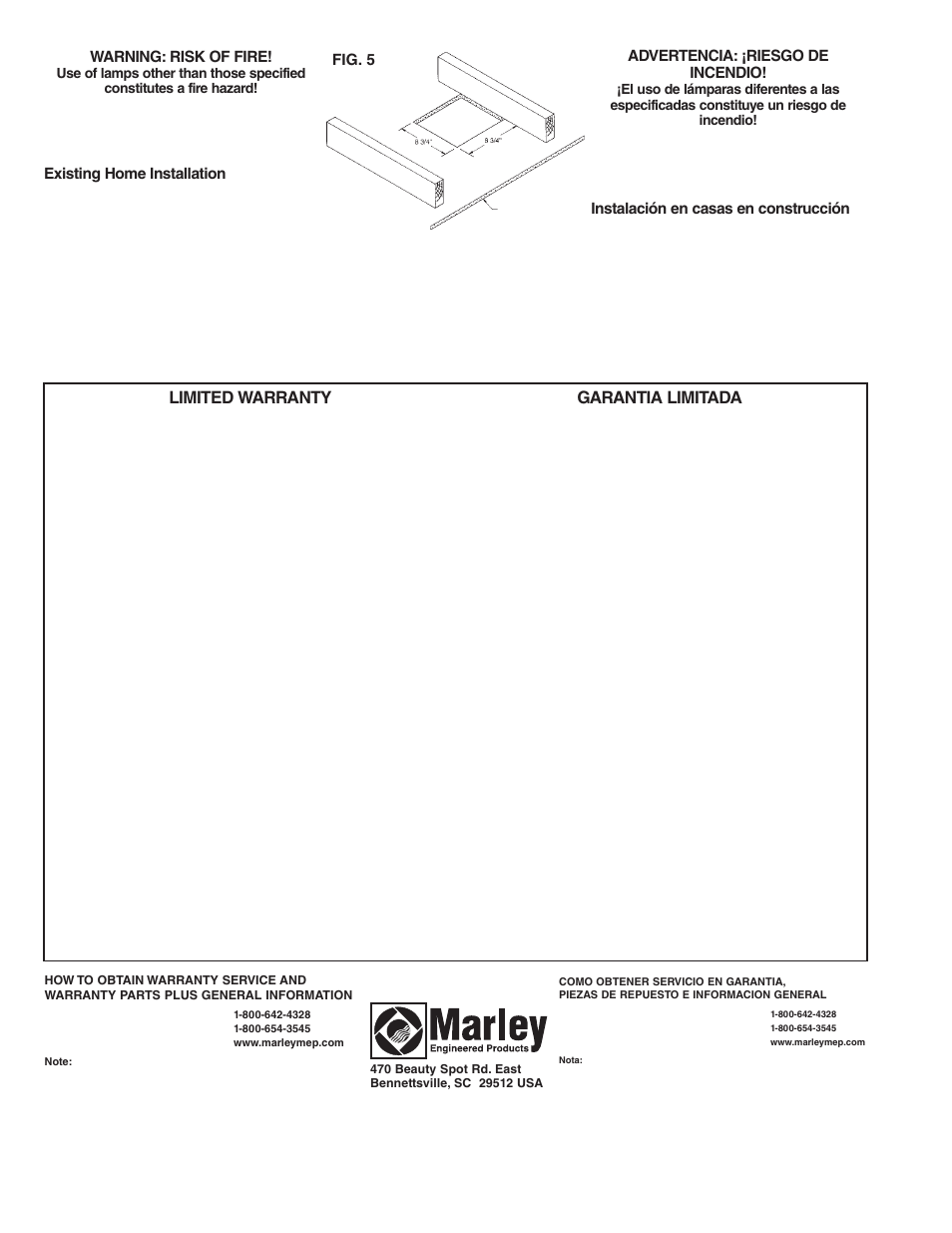 Limited warranty, Garantia limitada, Warning: risk of fire | Existing home installation, Advertencia: ¡riesgo de incendio, Instalación en casas en construcción | Qmark 600RL Series Bath Fans User Manual | Page 4 / 4