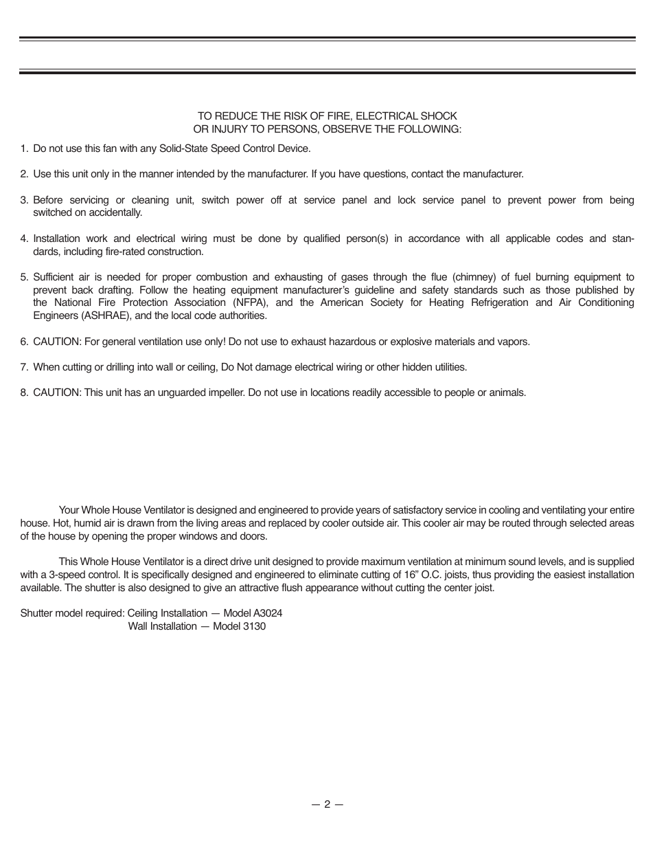 Important safety instructions, Introduction | Qmark A24DD - Whole House Ventilator User Manual | Page 2 / 8