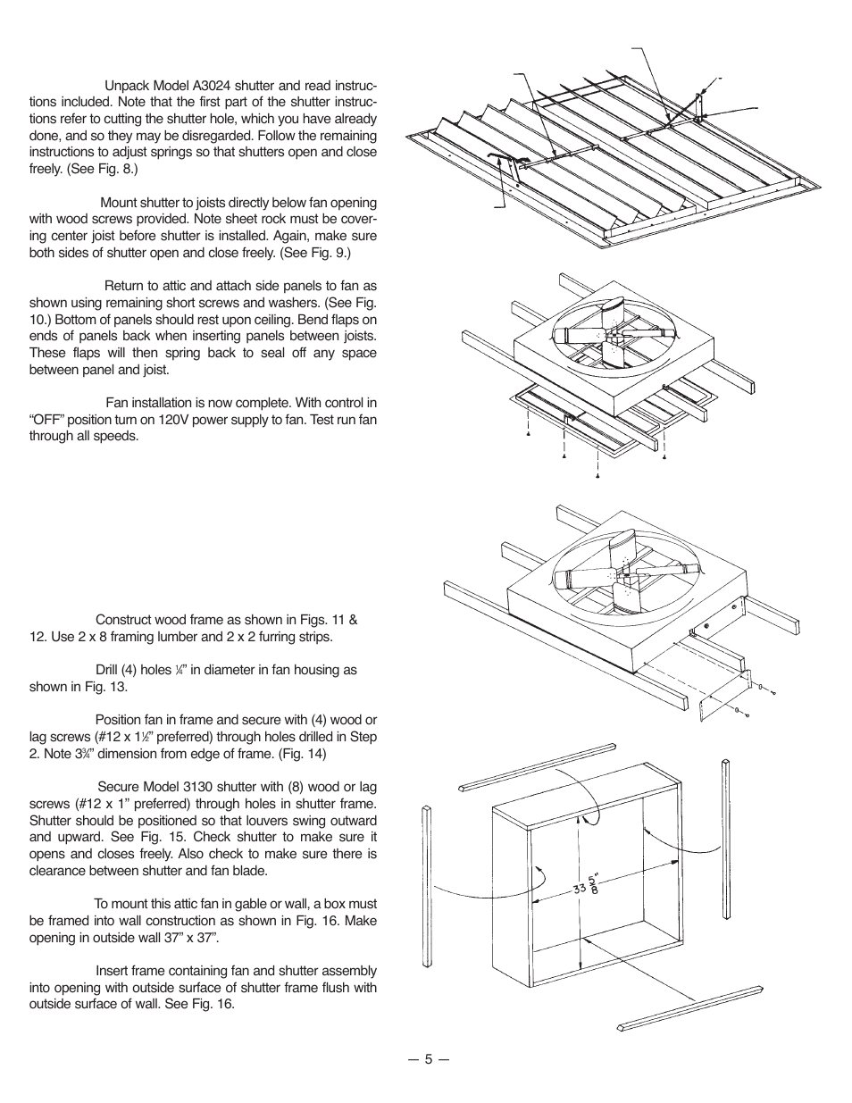 Shutter installation, Wall installation model 3130 shutter, Fig. 10 | Fig. 11 fig. 8, Fig. 9 | Qmark A24DD - Whole House Ventilator User Manual | Page 5 / 8