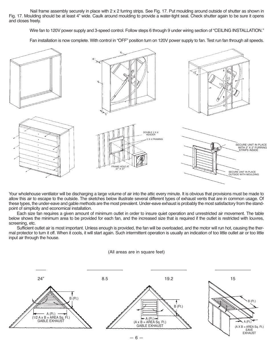 Fig. 15 fig. 14, Fig. 16 fig. 17, Fig. 12 fig. 13 | Minimum attic discharge areas required, Attic air intake and discharge | Qmark A24DD - Whole House Ventilator User Manual | Page 6 / 8