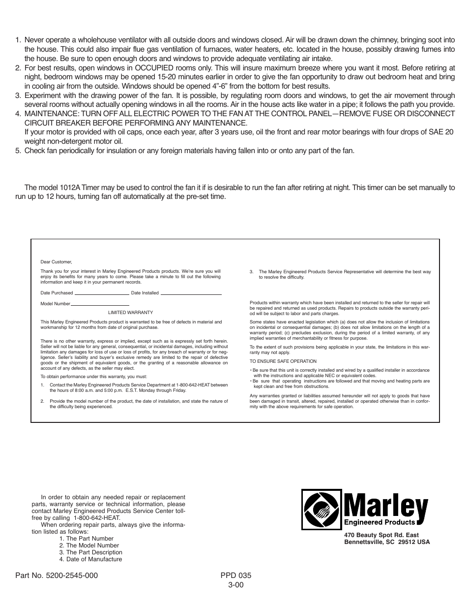 Operating hints and suggestions, Accessories, How to order repair parts | Limited warranty | Qmark A24DD - Whole House Ventilator User Manual | Page 8 / 8