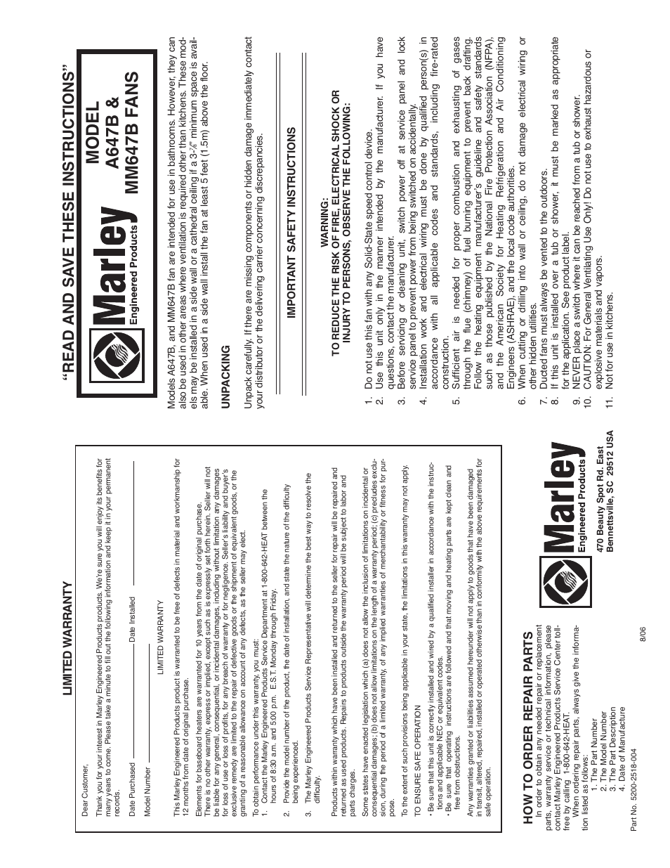 Qmark MM647B Economy Quick Mount Bath Fans User Manual | 2 pages
