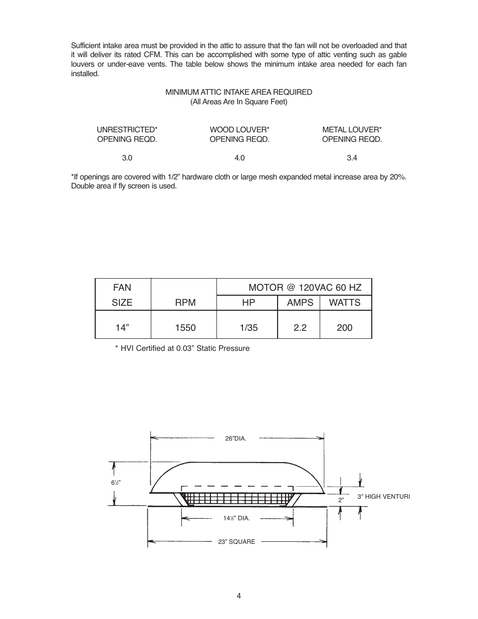 Minimum attic intake area required, Dimensions fig. 4 | Qmark ASRV14 - Attic Ventilators User Manual | Page 4 / 8