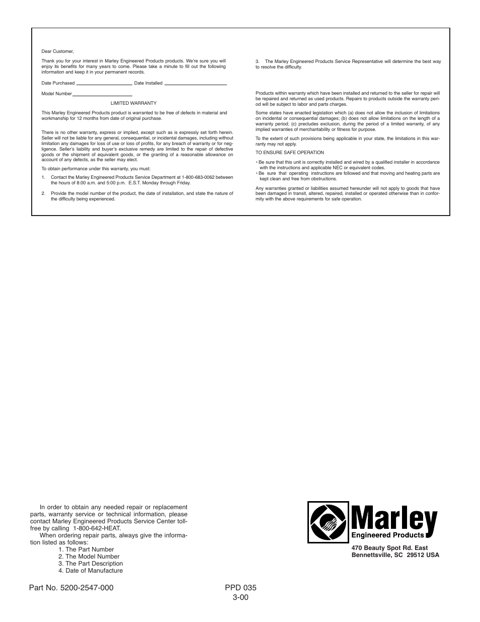 How to order repair parts, Limited warranty | Qmark ASRV14 - Attic Ventilators User Manual | Page 8 / 8