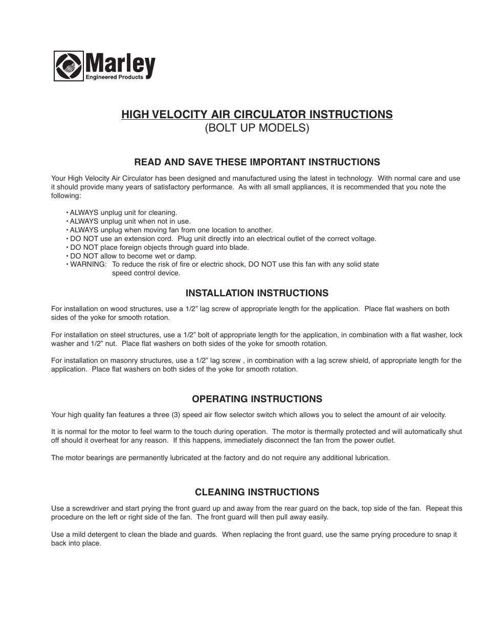 Qmark B Series Industrial Floor Air Circulator User Manual | 2 pages