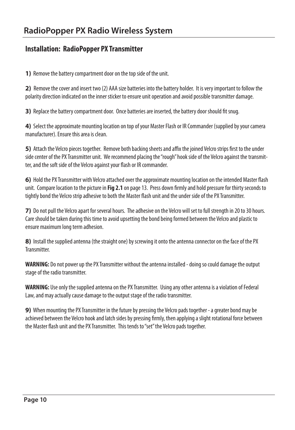 Radiopopper px radio wireless system, Installation: radiopopper px transmitter | RadioPopper PX User Manual | Page 10 / 29