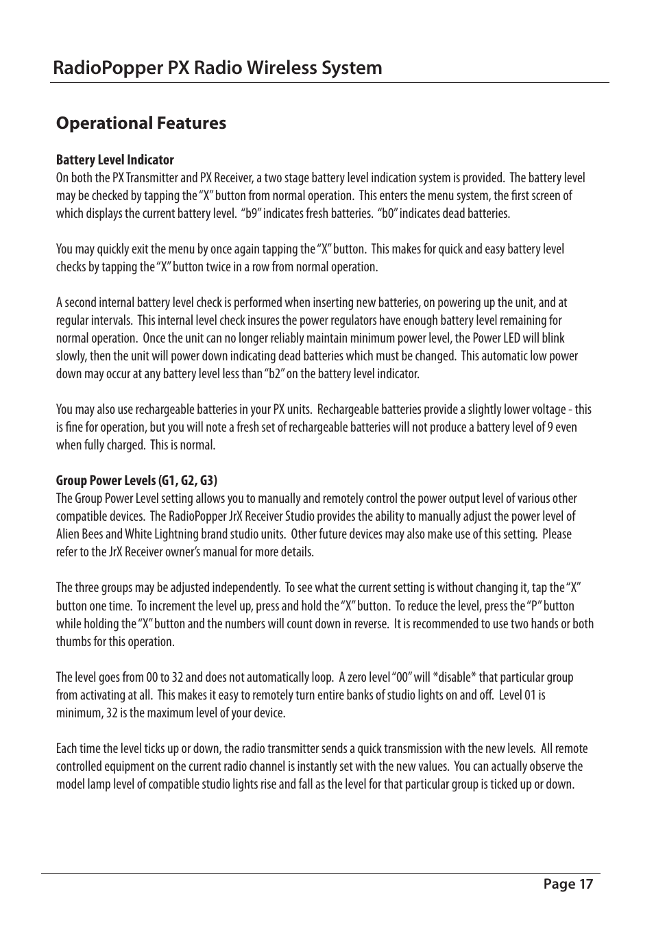 Radiopopper px radio wireless system, Operational features | RadioPopper PX User Manual | Page 17 / 29