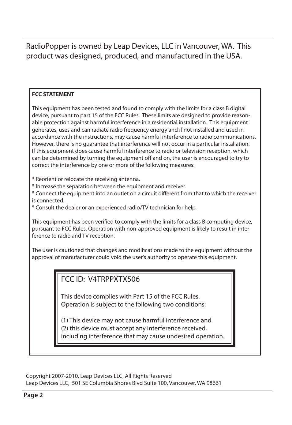 Fcc id: v4trppxtx506 | RadioPopper PX User Manual | Page 2 / 29