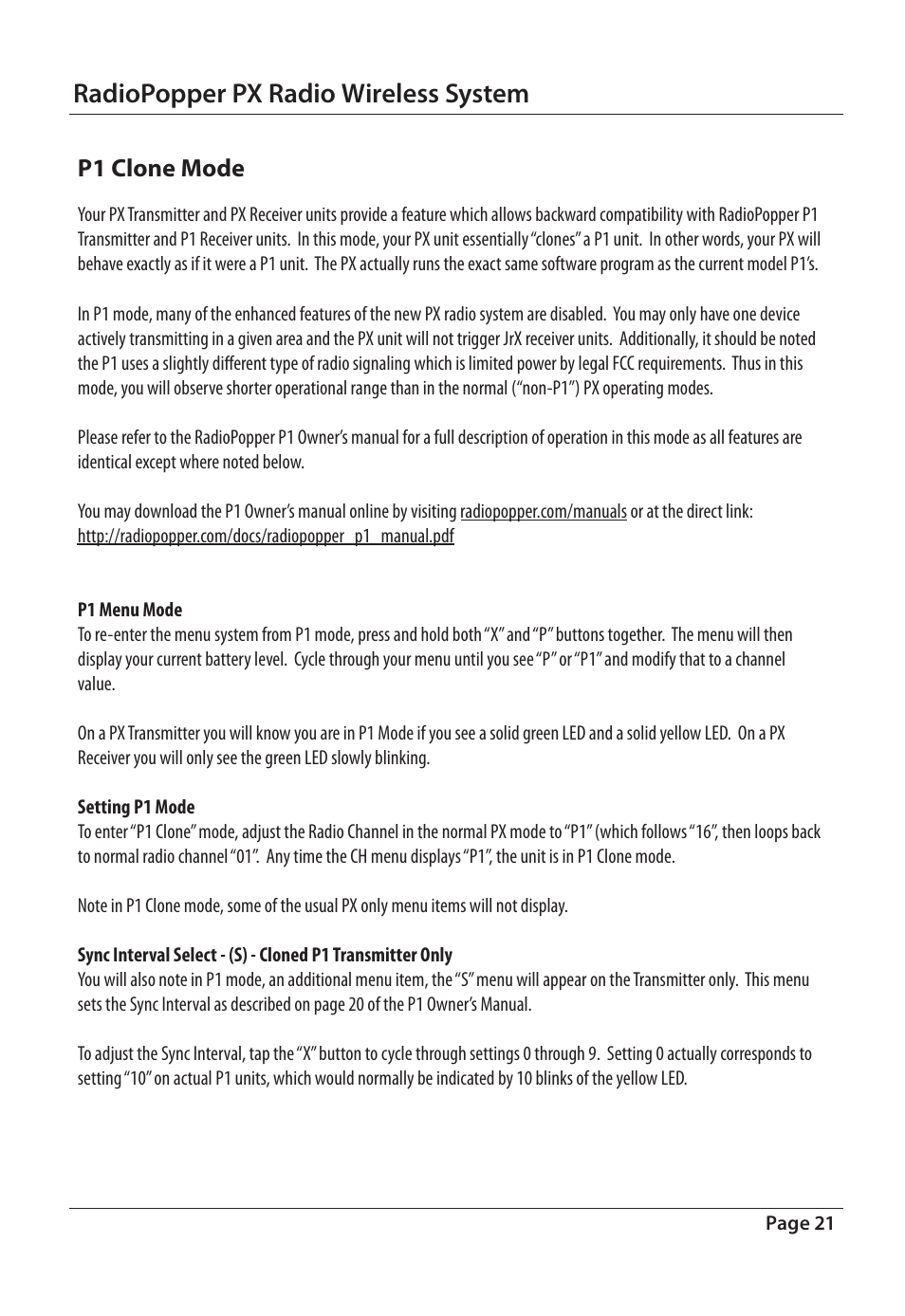 Radiopopper px radio wireless system, P1 clone mode | RadioPopper PX User Manual | Page 21 / 29