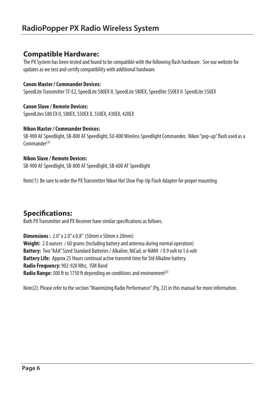 Radiopopper px radio wireless system, Compatible hardware, Specifications | RadioPopper PX User Manual | Page 6 / 29