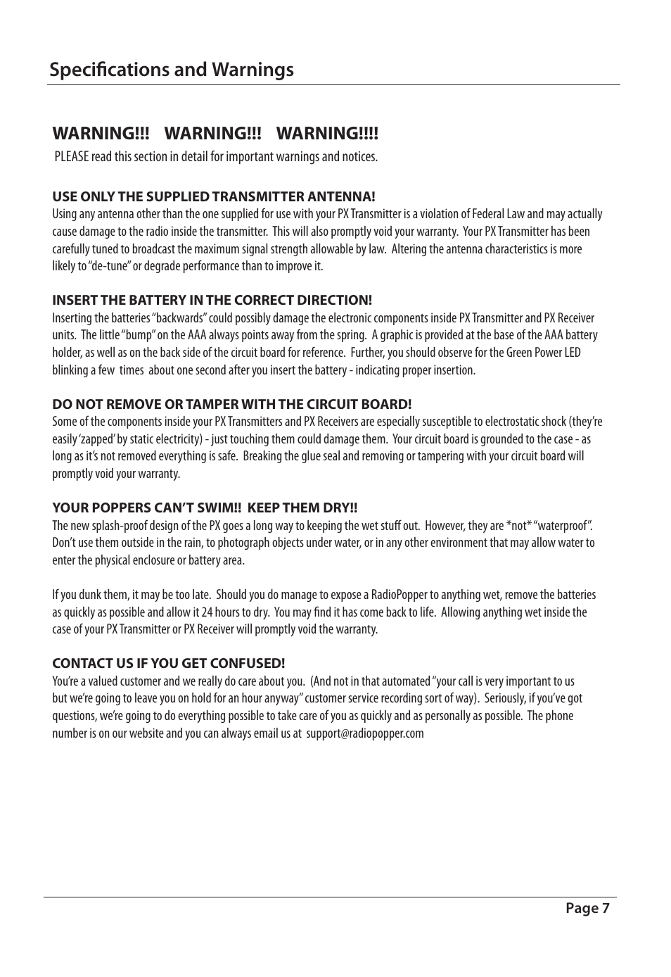 Specifications and warnings, Warning!!! warning!!! warning | RadioPopper PX User Manual | Page 7 / 29