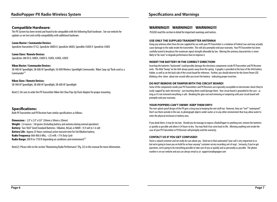 Radiopopper px radio wireless system, Specifications and warnings | RadioPopper PX User Manual | Page 4 / 14