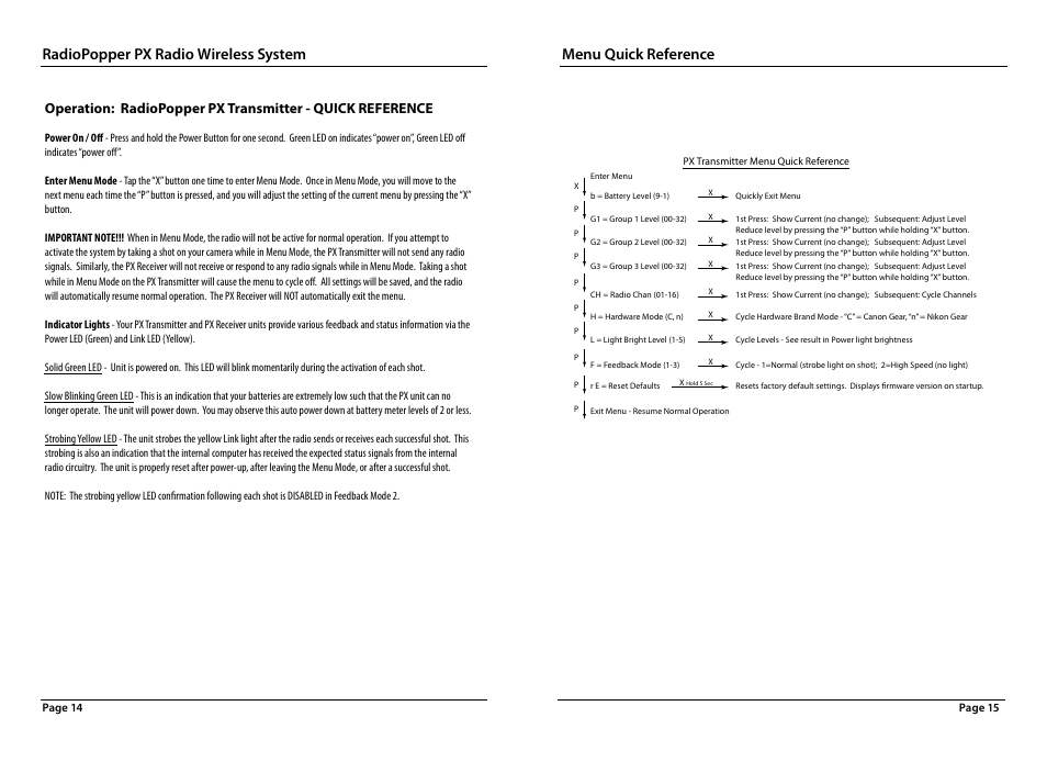 Radiopopper px radio wireless system, Menu quick reference | RadioPopper PX User Manual | Page 8 / 14