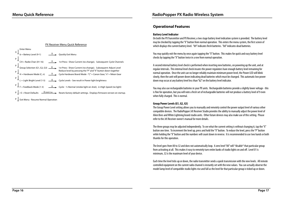 Radiopopper px radio wireless system, Menu quick reference, Operational features | RadioPopper PX User Manual | Page 9 / 14
