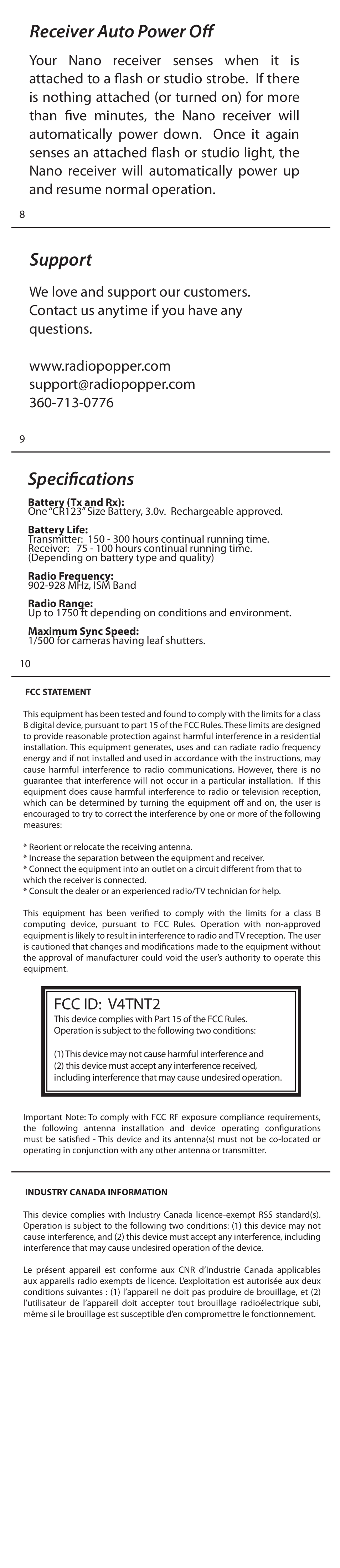 Receiver auto power off, Support specifications, Fcc id: v4tnt2 | RadioPopper Nano User Manual | Page 2 / 2