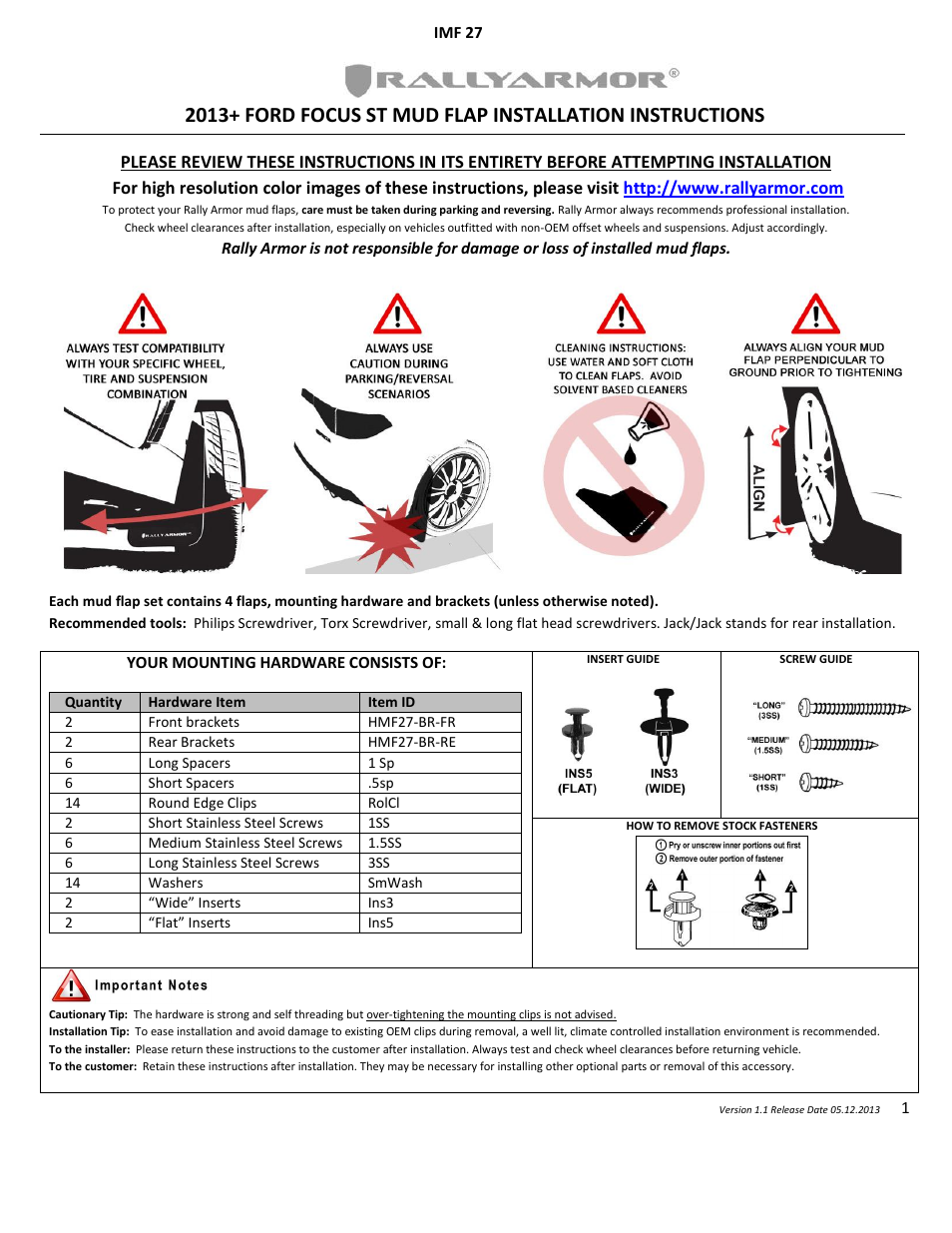 Rally Armor 2013+ Ford Focus User Manual | 5 pages
