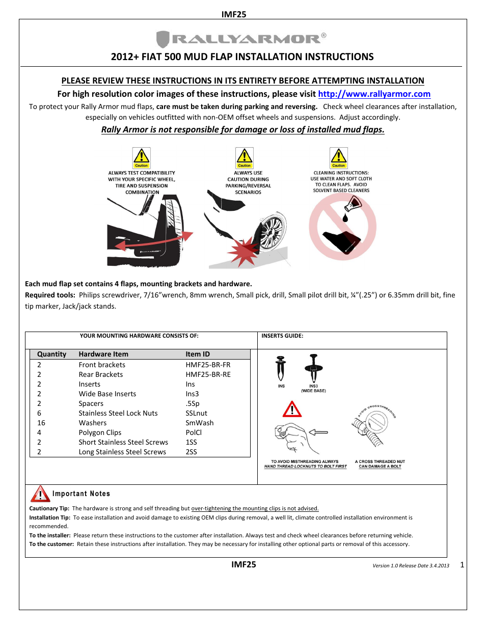 Rally Armor 2012+ Fiat 500 User Manual | 4 pages