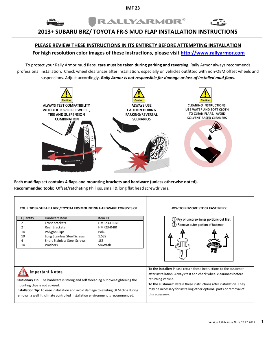 Rally Armor 2013+ BRZ/FRS User Manual | 4 pages