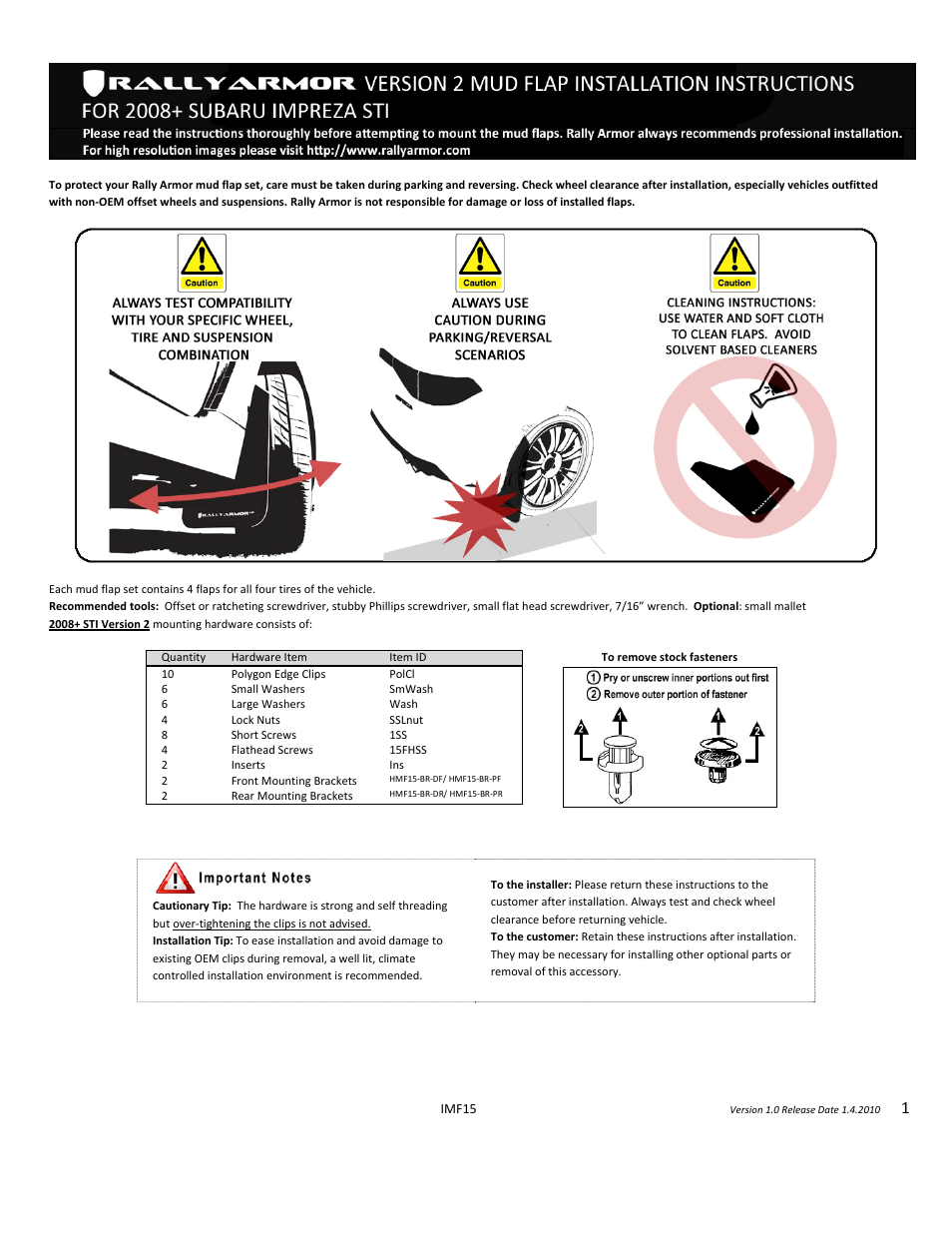 Rally Armor 11-14 Subaru WRX Hatchback User Manual | 4 pages