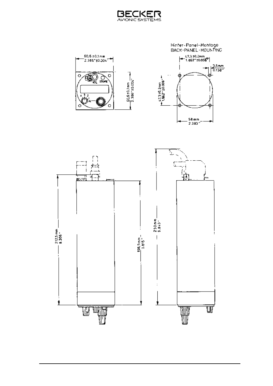 Fig. 2-4 dimensions of vhf transceiver | Becker Designed AR 3201 User Manual | Page 19 / 30