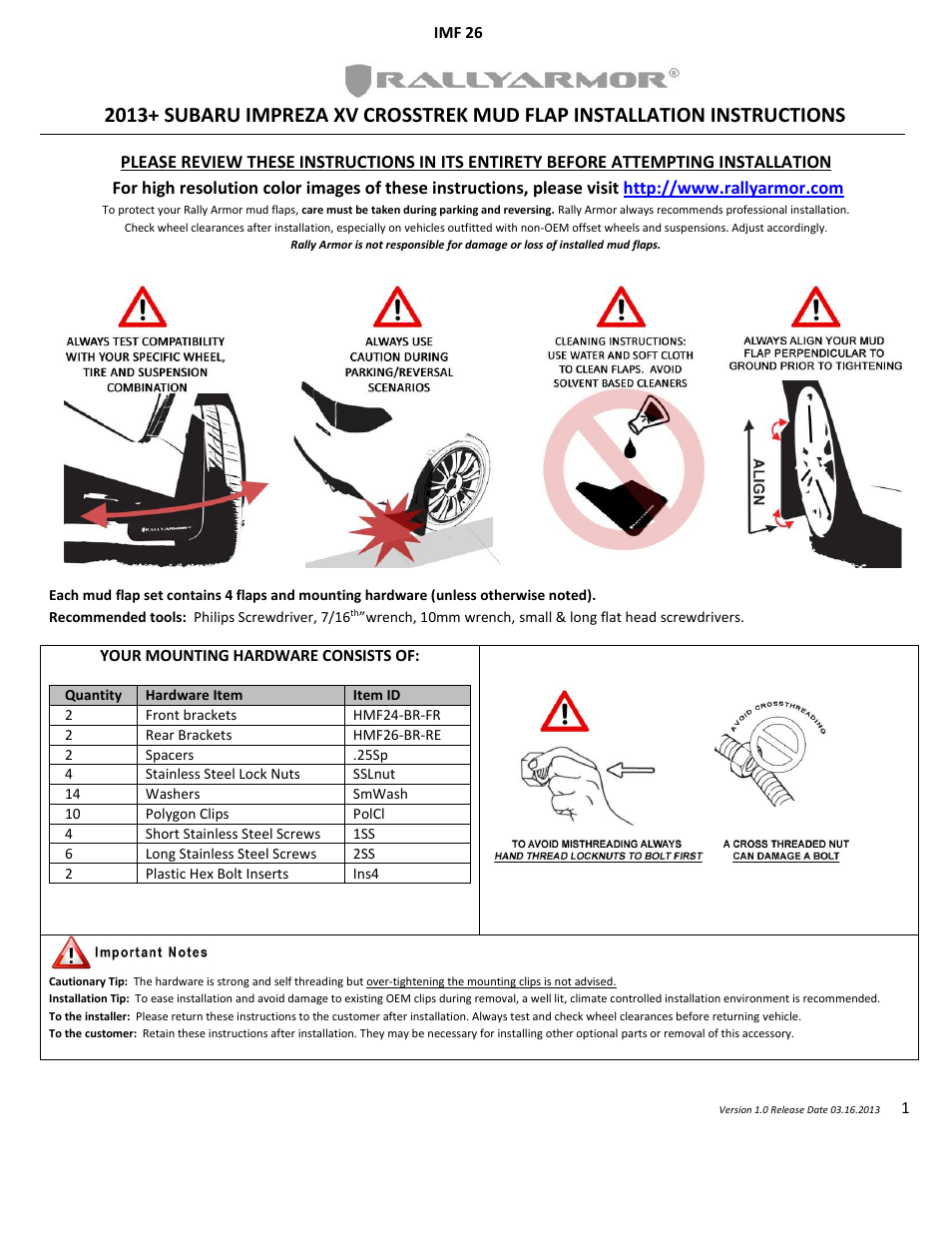 Rally Armor 2013+ Subaru Crosstrek XV User Manual | 4 pages