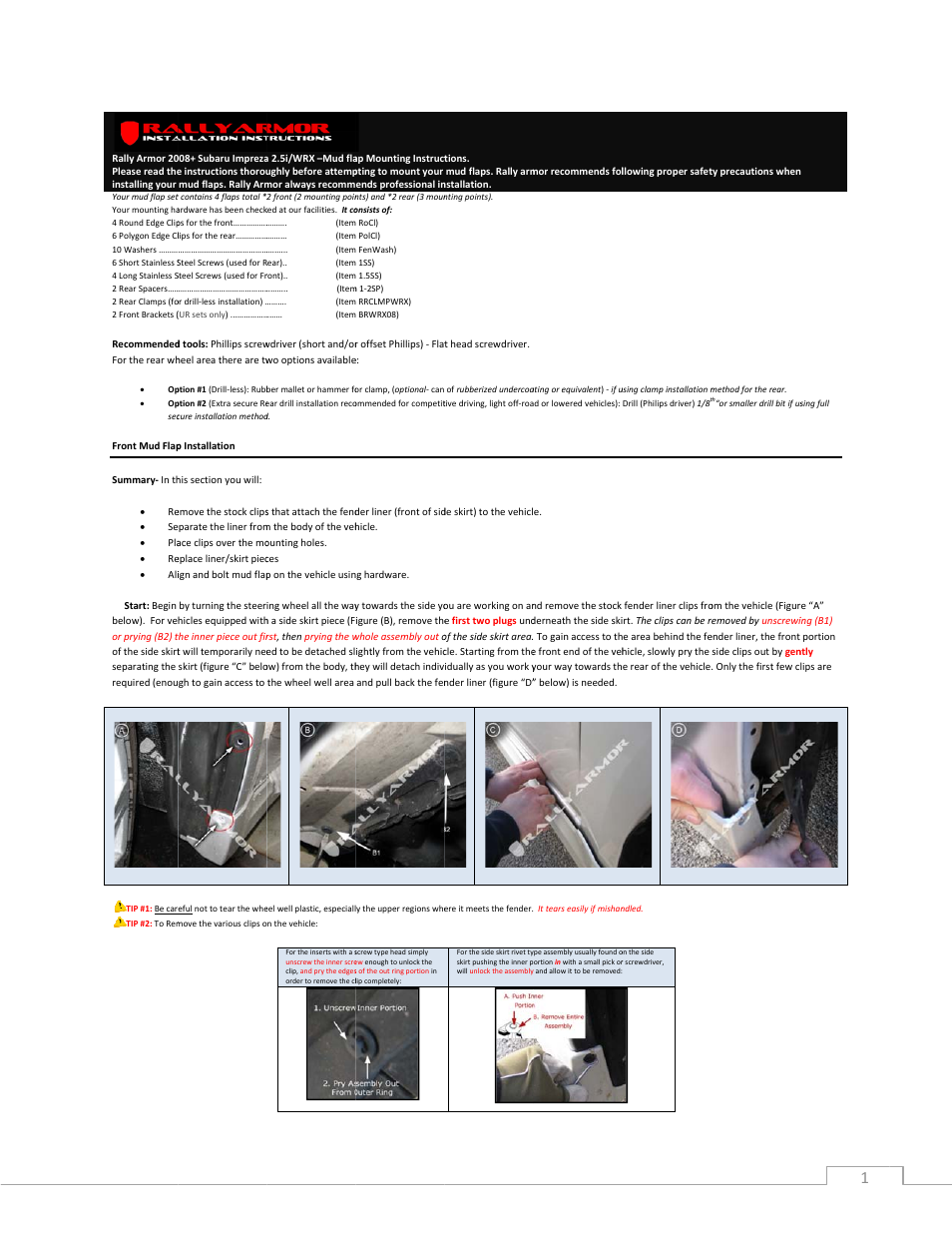 Rally Armor 08-11 Subaru Impreza & 08-10 WRX User Manual | 4 pages
