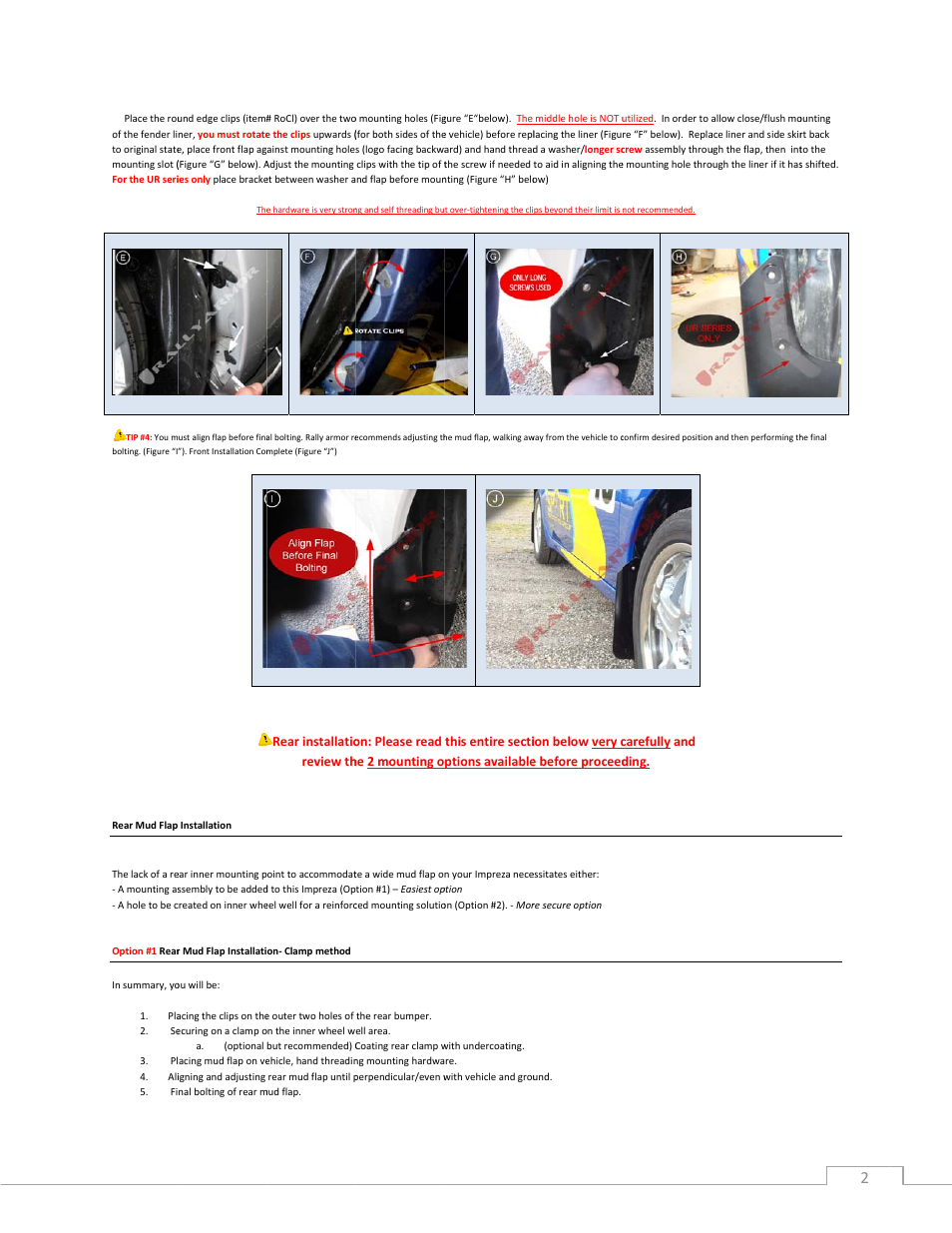 Rear installatio review th, On: please read he 2 mounting o, This entire secti ptions available | Ion below very c e before proceed, Carefully and ding | Rally Armor 08-11 Subaru Impreza & 08-10 WRX User Manual | Page 2 / 4