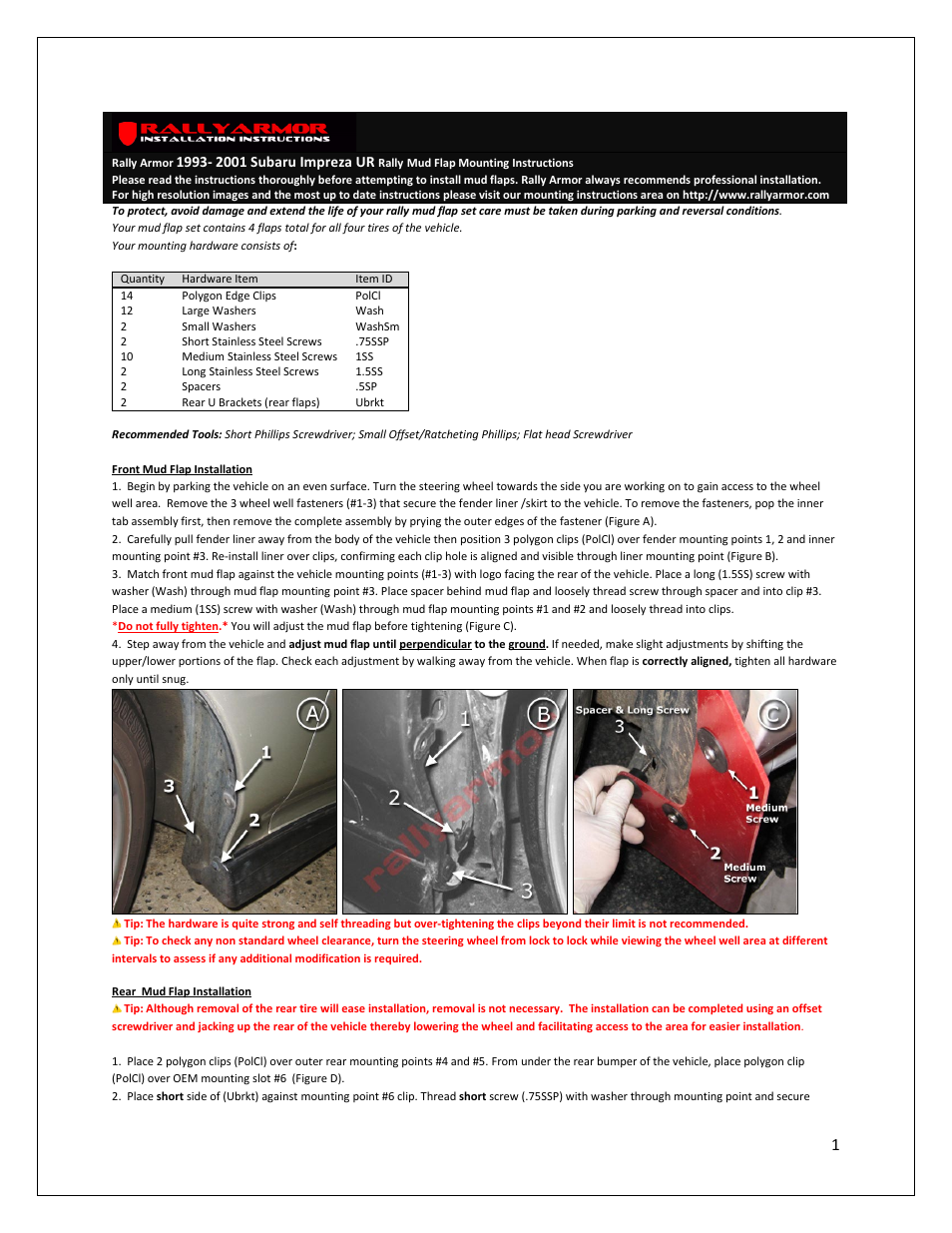 Rally Armor 93 to 01 Subaru Impreza User Manual | 2 pages
