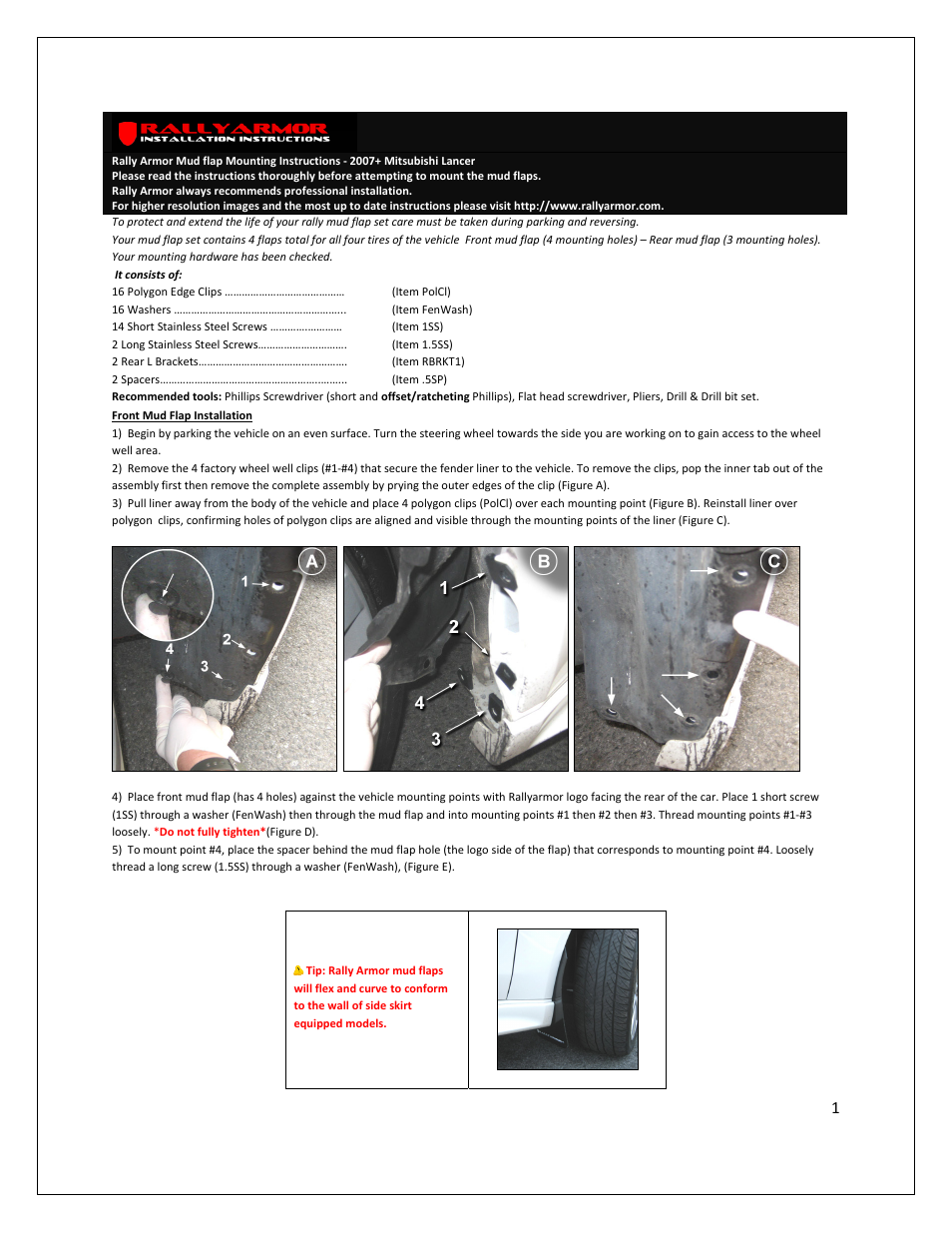 Rally Armor 07-13 Mitsubishi Lancer User Manual | 3 pages