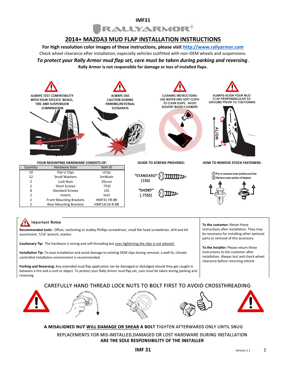 Rally Armor 2014+ Mazda 3 User Manual | 4 pages