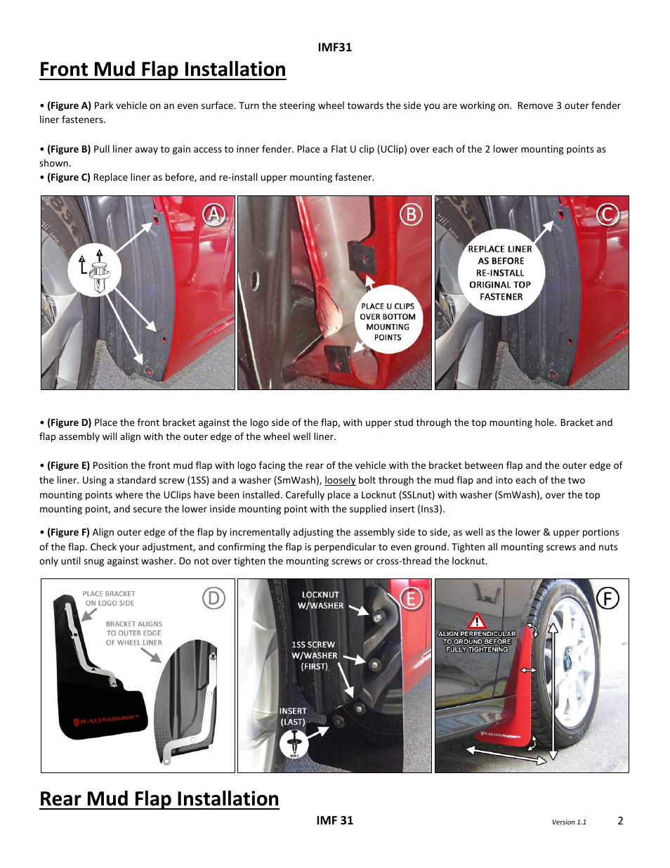Front mud flap installation, Rear mud flap installation | Rally Armor 2014+ Mazda 3 User Manual | Page 2 / 4