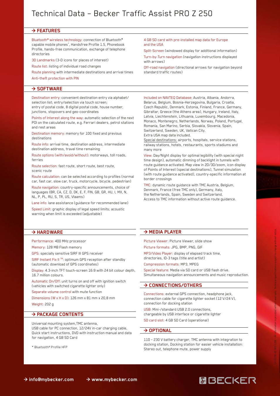 Technical data – becker traffic assist pro z 250, Software > features, Package contents | Becker Designed Becker Traffic Assist Pro Z 250 User Manual | Page 2 / 2
