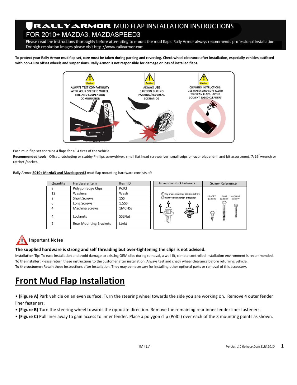 Rally Armor 10-13 Mazda3/Speed3 User Manual | 4 pages