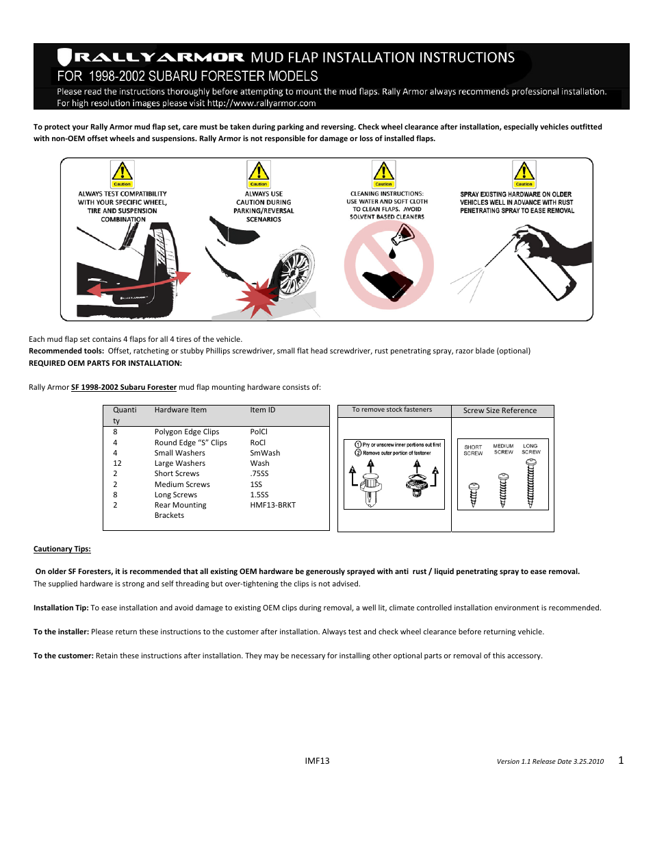Rally Armor 98 to 02 Subaru Forester User Manual | 3 pages