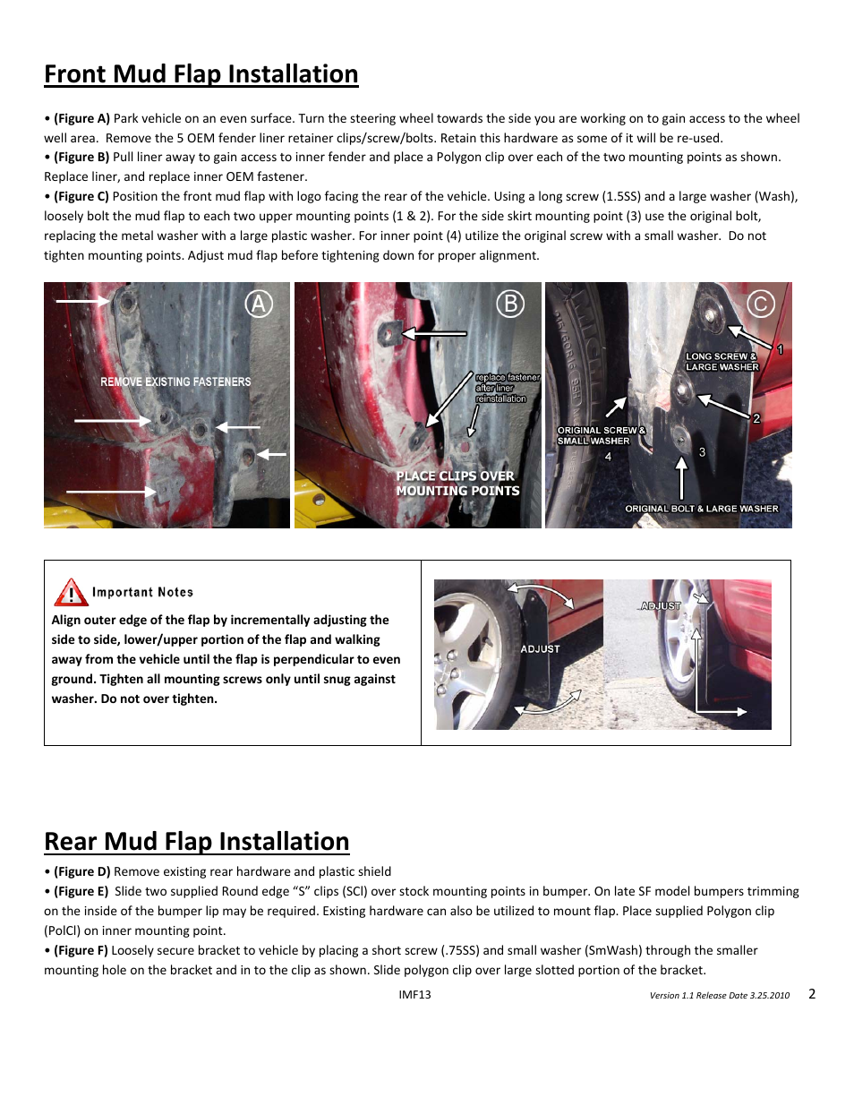 Front mud flap installation, Rear mud flap installation | Rally Armor 98 to 02 Subaru Forester User Manual | Page 2 / 3