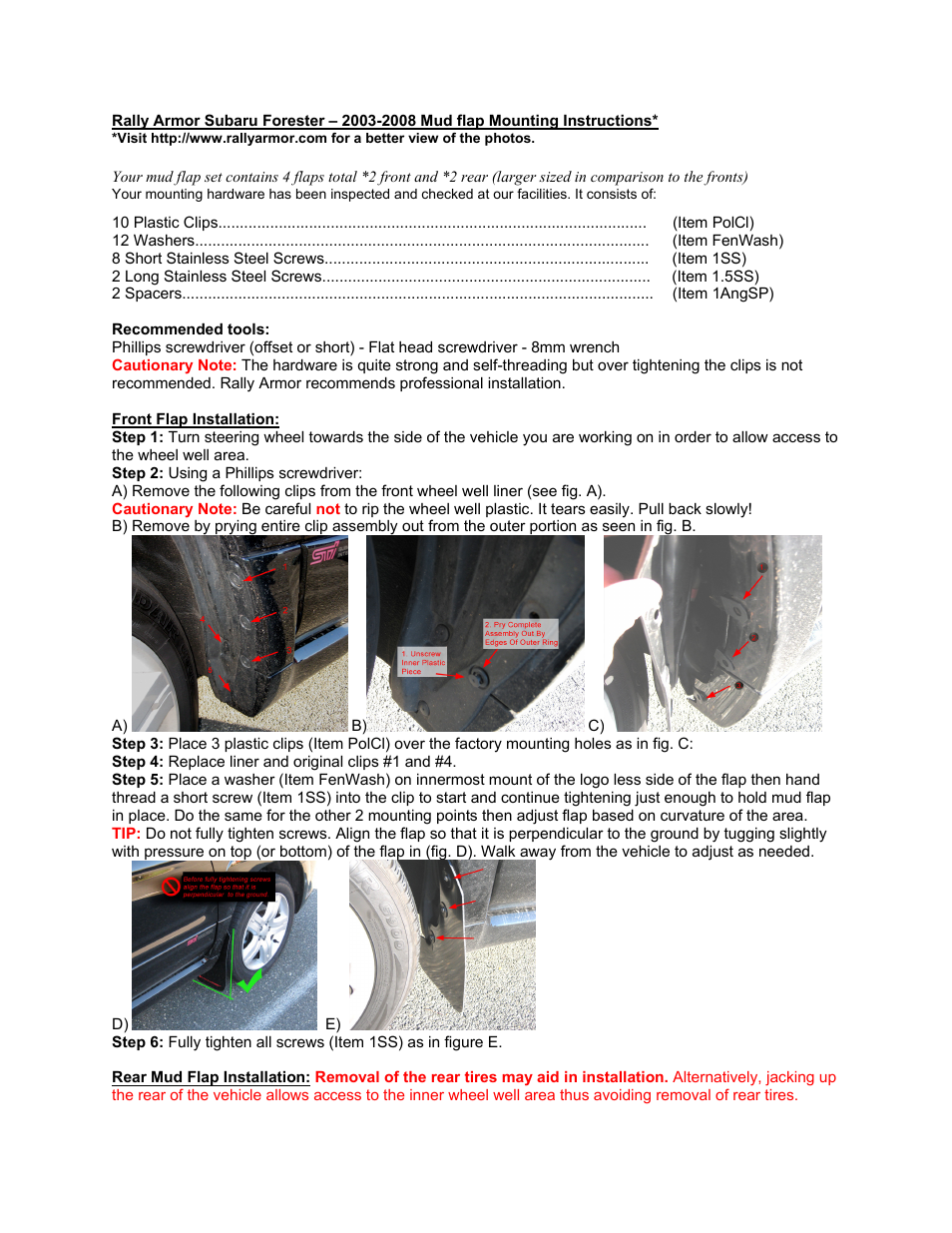 Rally Armor 03 to 08 Subaru Forester User Manual | 2 pages